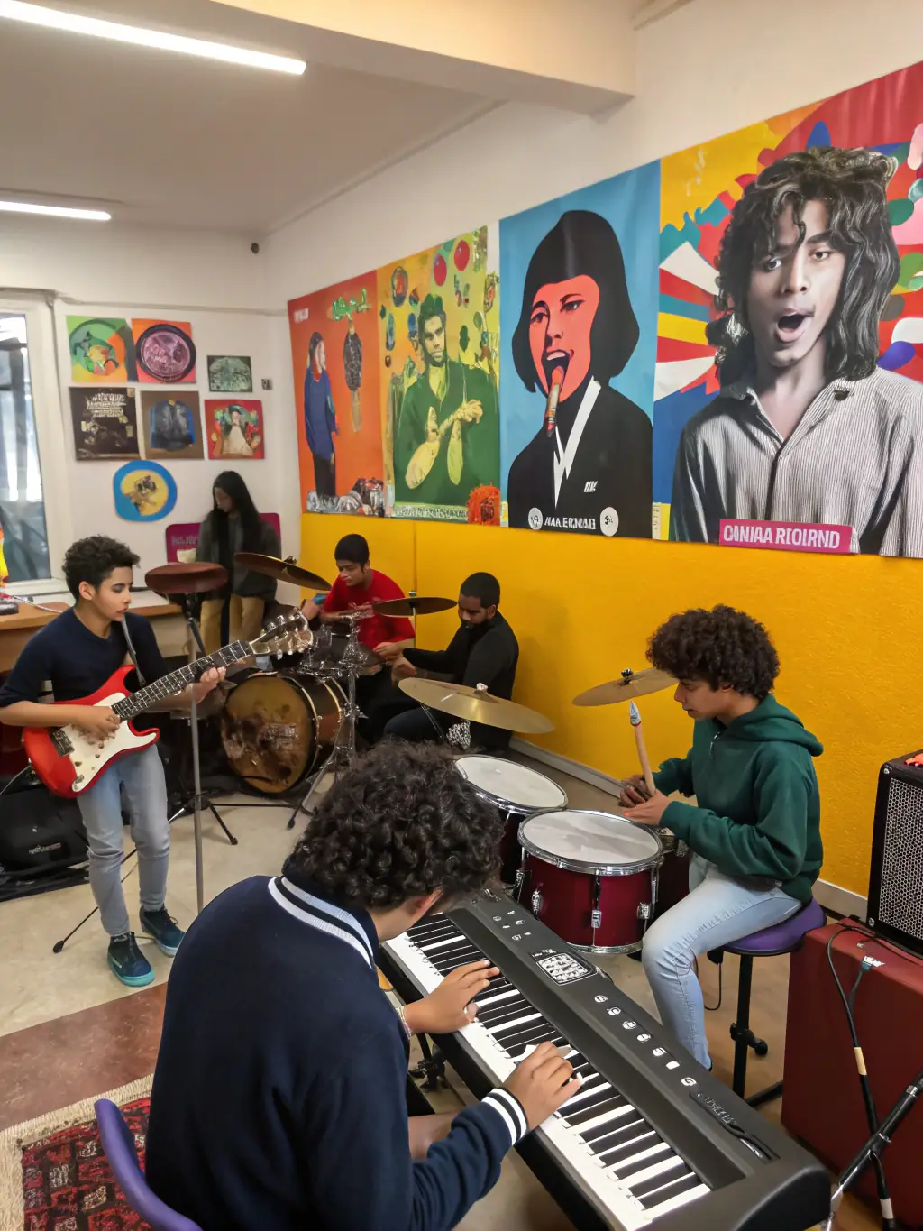 A photo of a STAR-sponsored workshop where artists are teaching children how to play musical instruments, emphasizing community engagement.